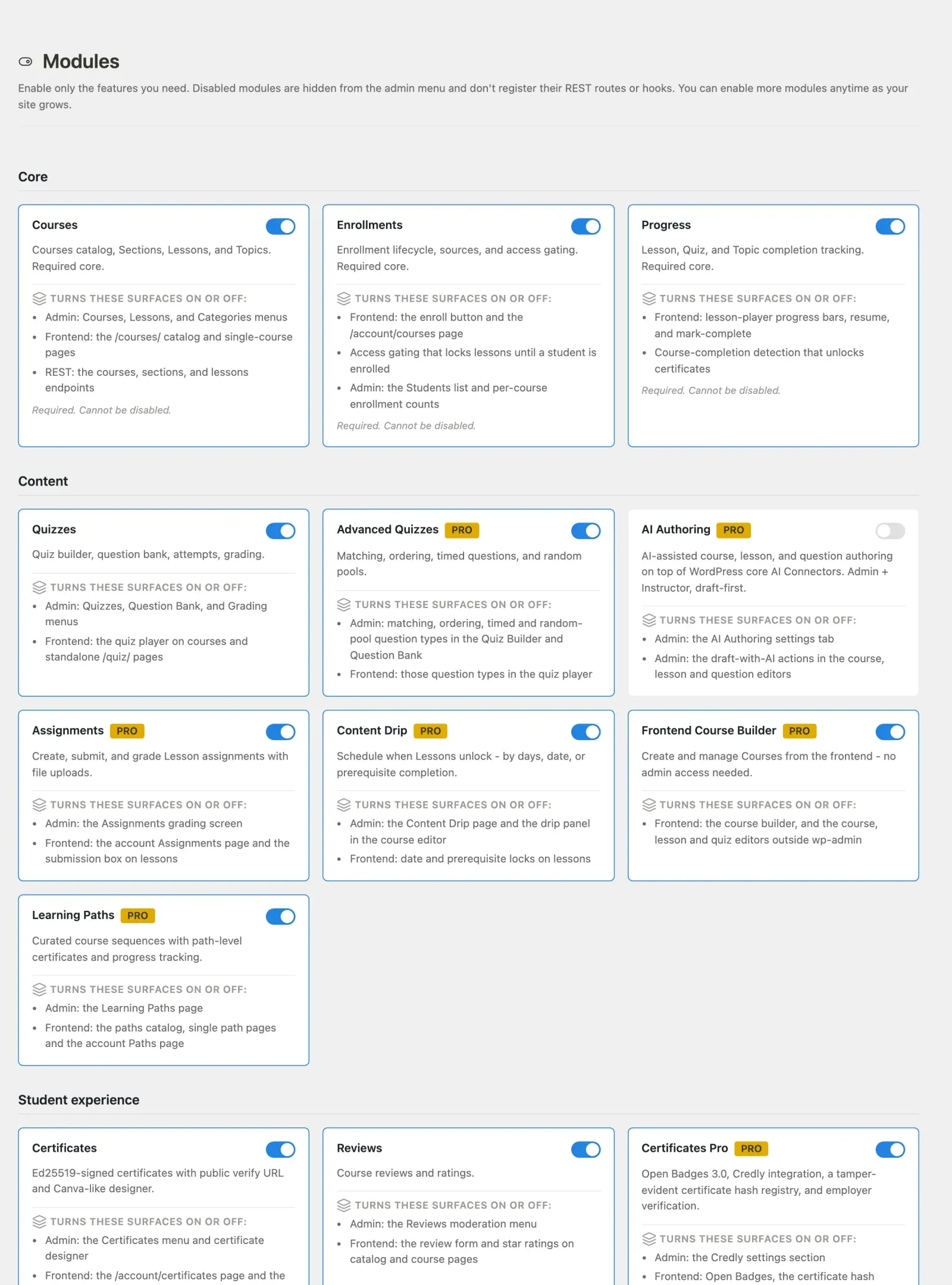The Learnomy modules screen