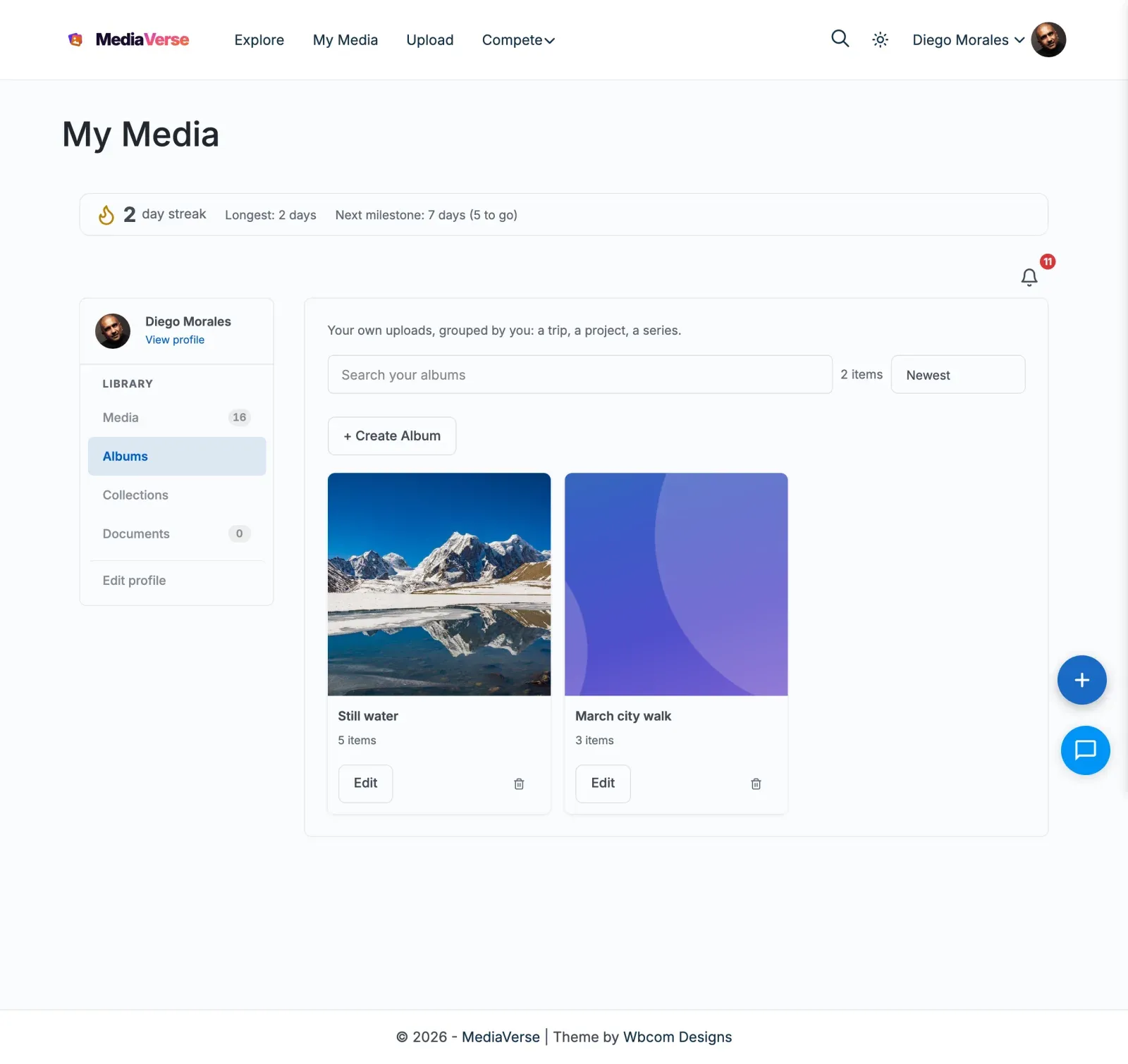 Albums tab in My Media with the Create Album button