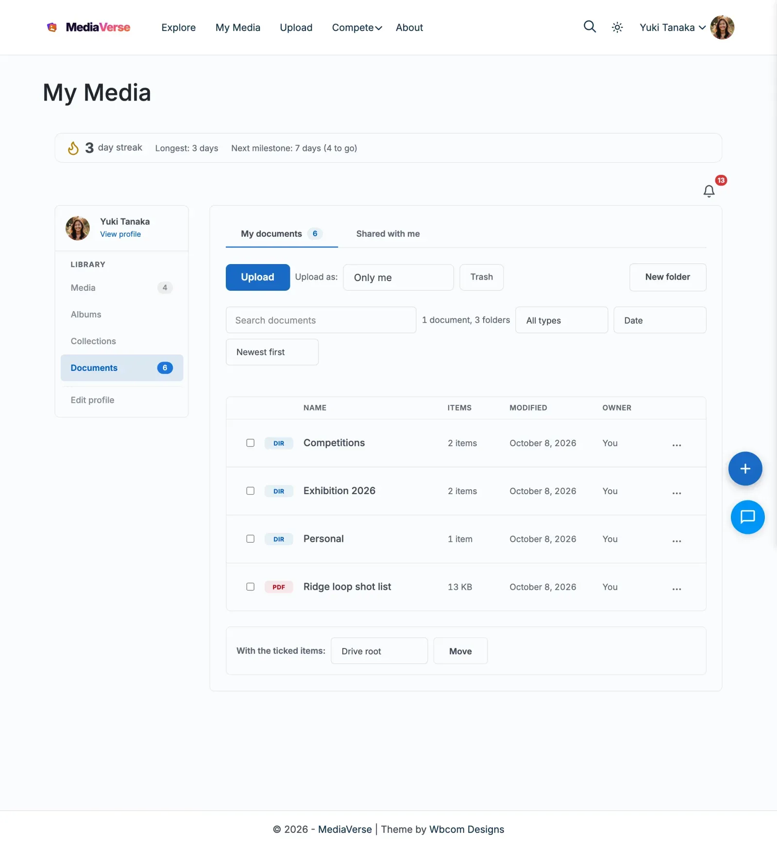 The Documents tab in My Media: Upload, New folder, search, and the drive with folders and files