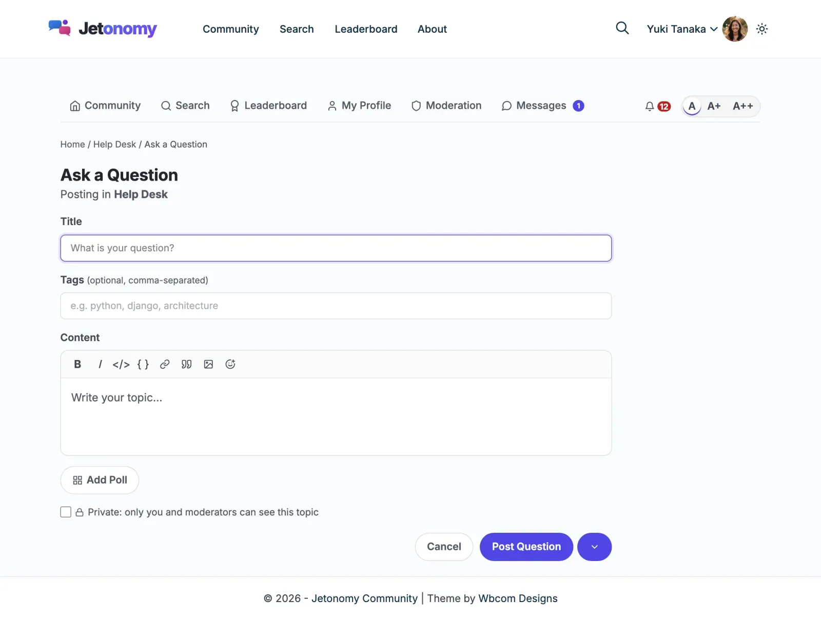 New post form with title, content editor, tags, and publish options