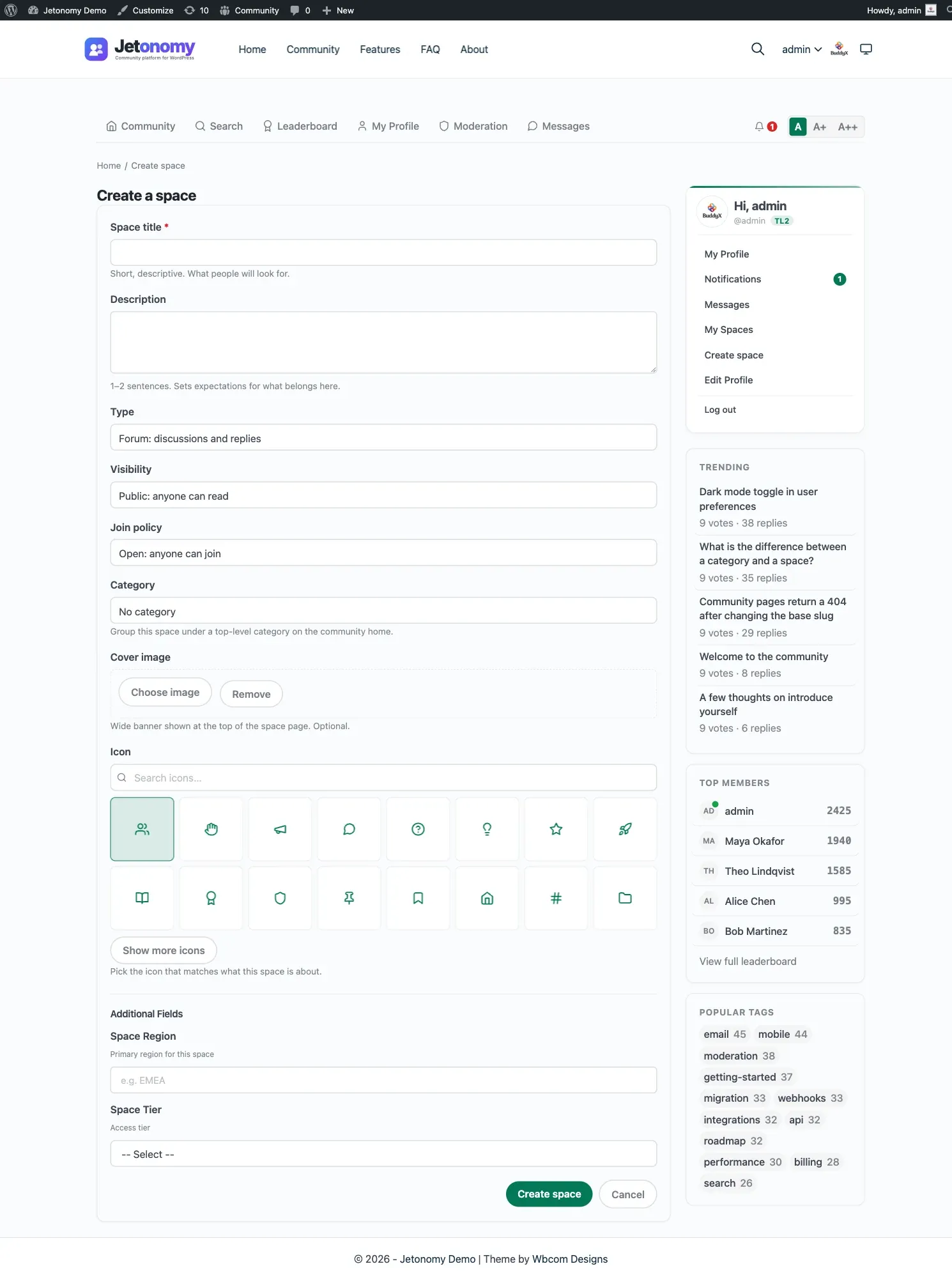 Front-end Create Space form at /community/new-space/ showing the Title, Description, Type, Visibility, Join policy, Category, and Icon fields