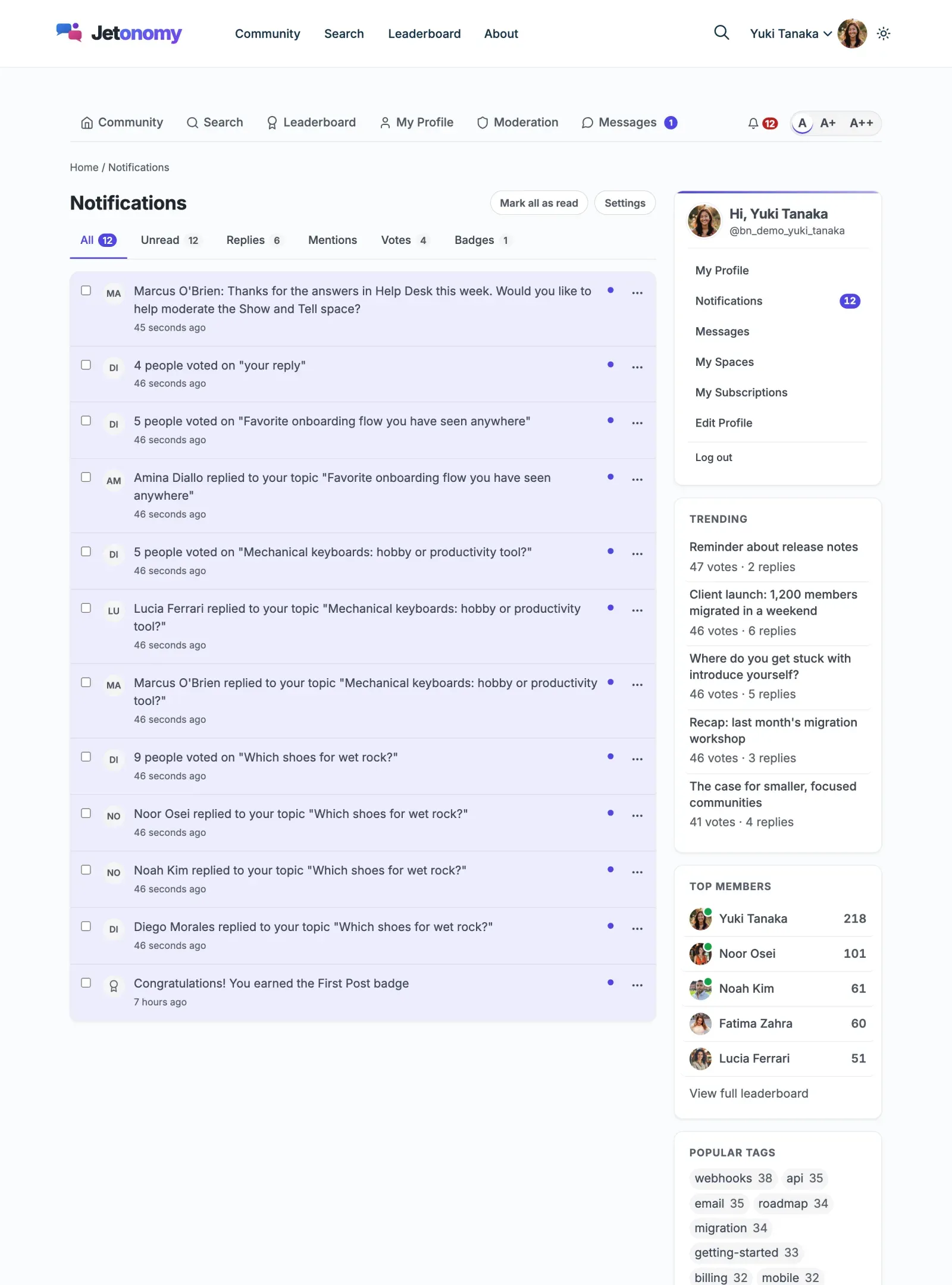 The notifications page with All, Unread, Replies, Mentions, Votes and Badges tabs, Mark all as read and Settings