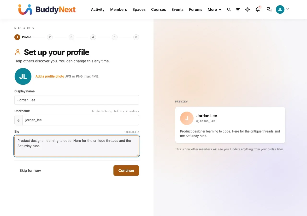 Onboarding step 1: set up your profile, with a live preview of the member card