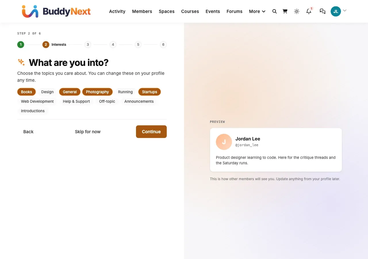 Onboarding step 2: choose interest topics as chips