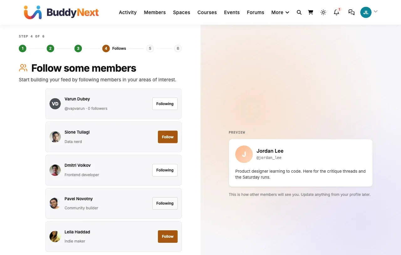 Onboarding step 4: follow suggested members to build a feed