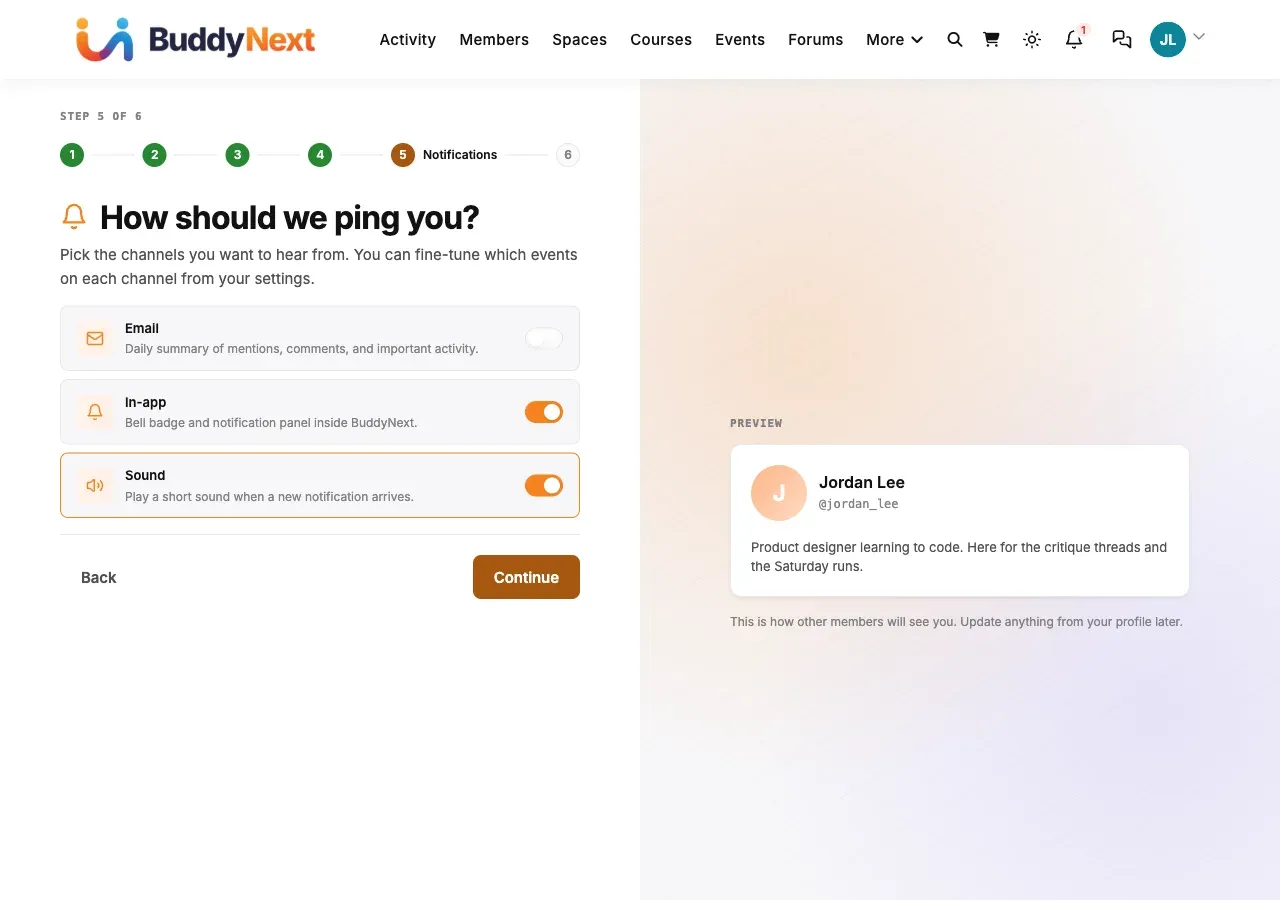 Onboarding step 5: choose notification channels