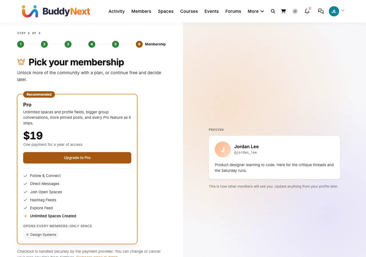 Onboarding step 6: an optional Pro membership offer
