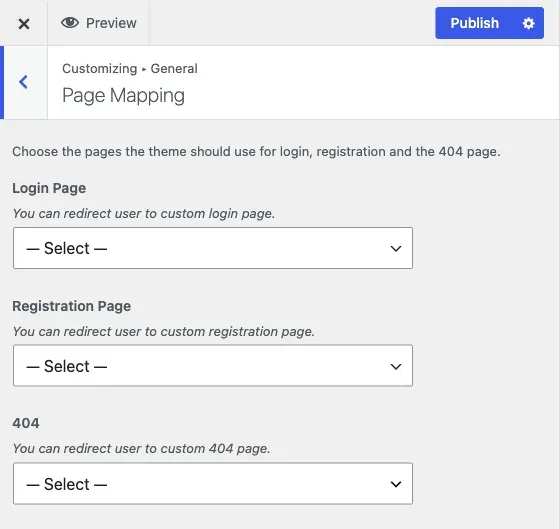 The Page Mapping section, with login, registration and 404 page pickers