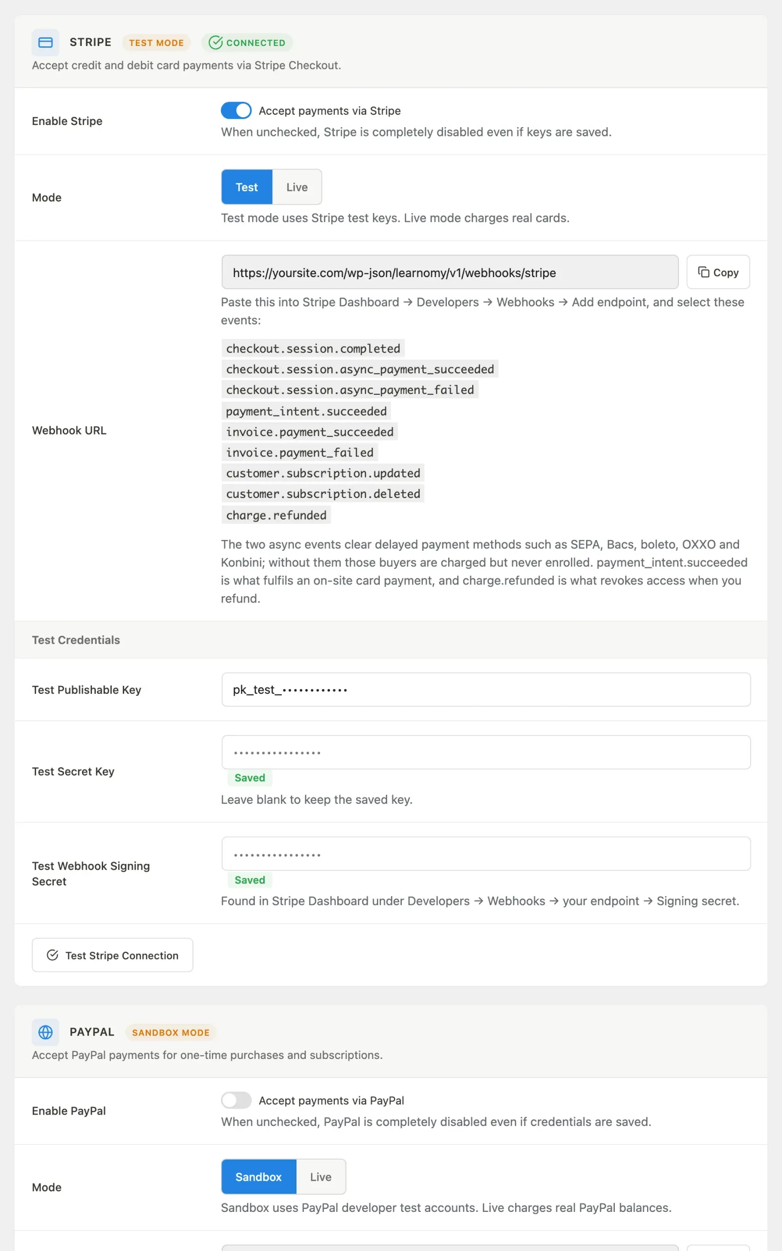 Learnomy payment gateway settings