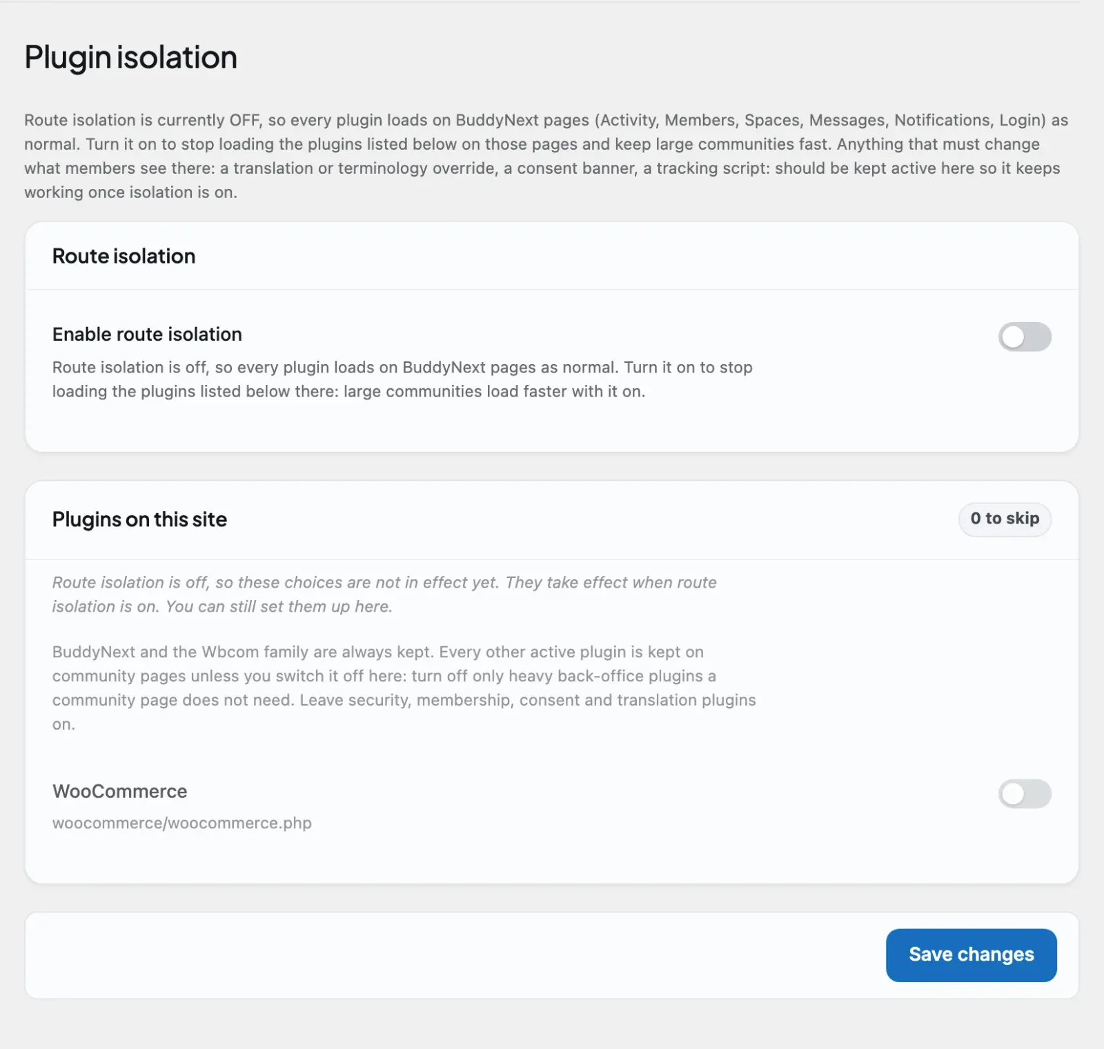 The Plugin isolation screen under BuddyNext > Platform, with route isolation off and the per-plugin skip list