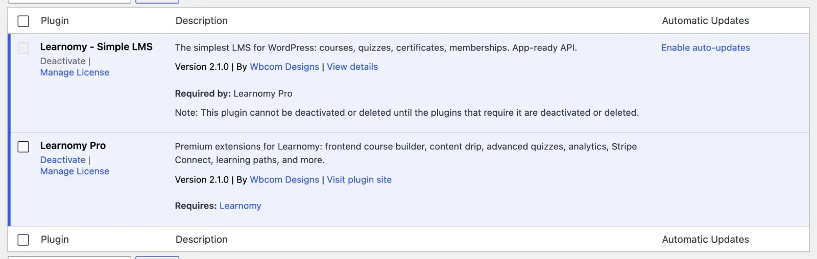 Learnomy active on the WordPress Plugins screen