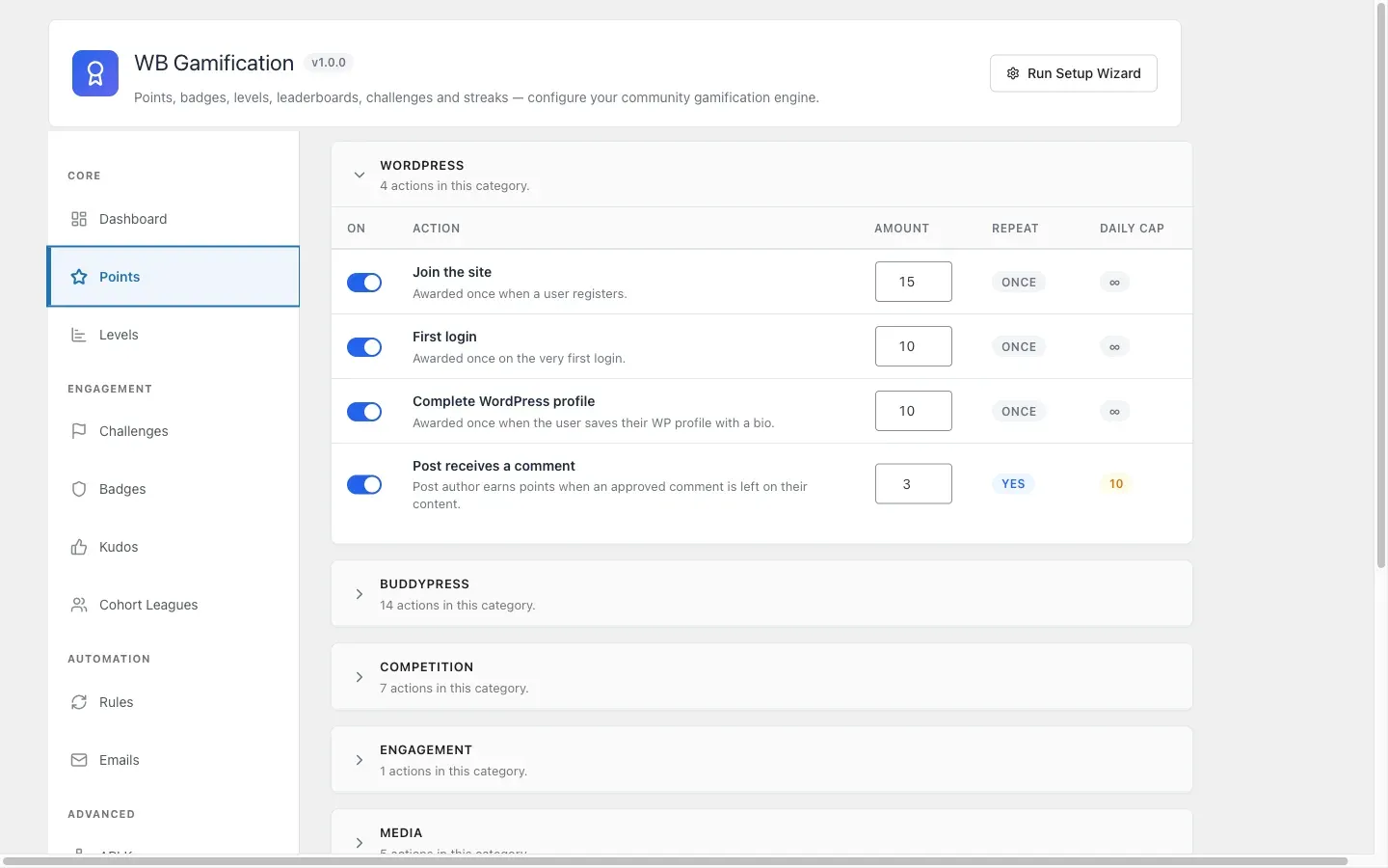 The Points settings screen with the actions table