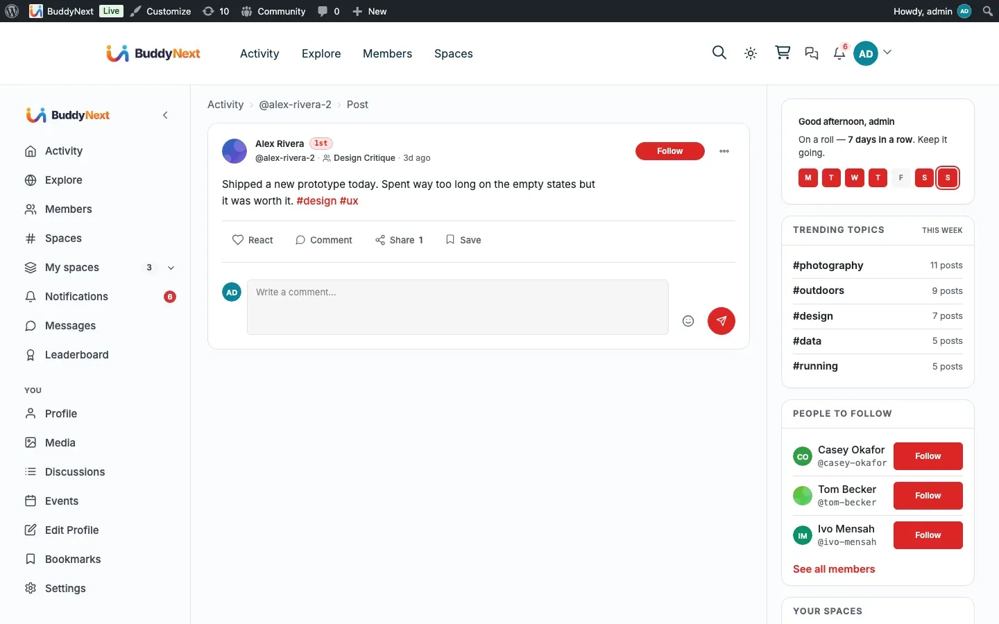 A BuddyNext post where a member can report the content for review