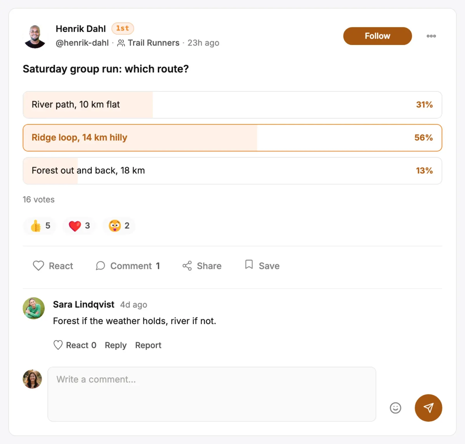 A poll post with its question, options and live vote results