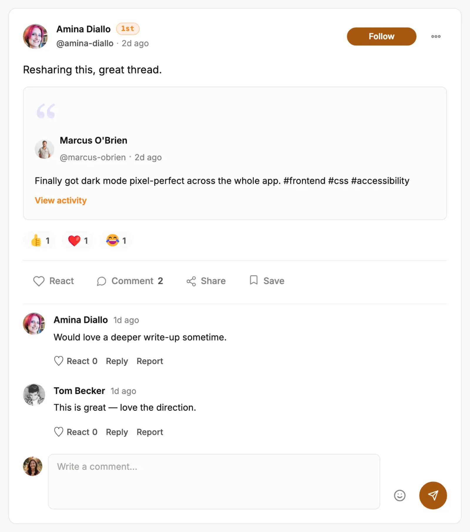 A reposted post: the member’s own note above the original post, quoted inside the card