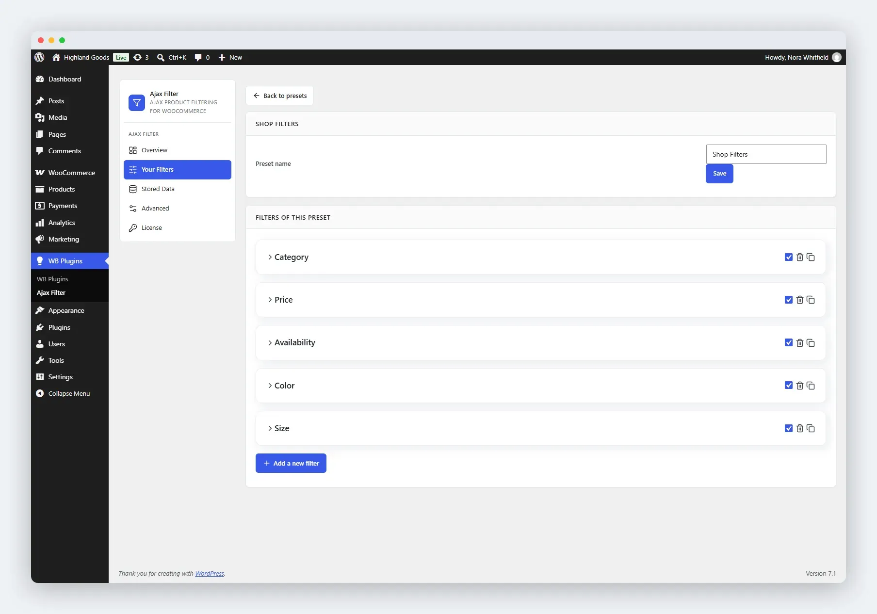 The preset builder lists each filter as a card
