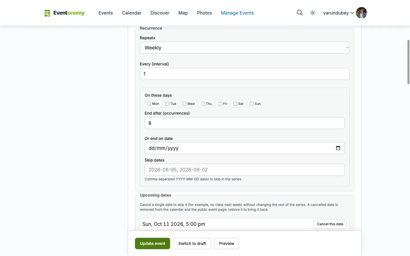 Event editor recurrence panel with the advanced weekday and monthly controls open