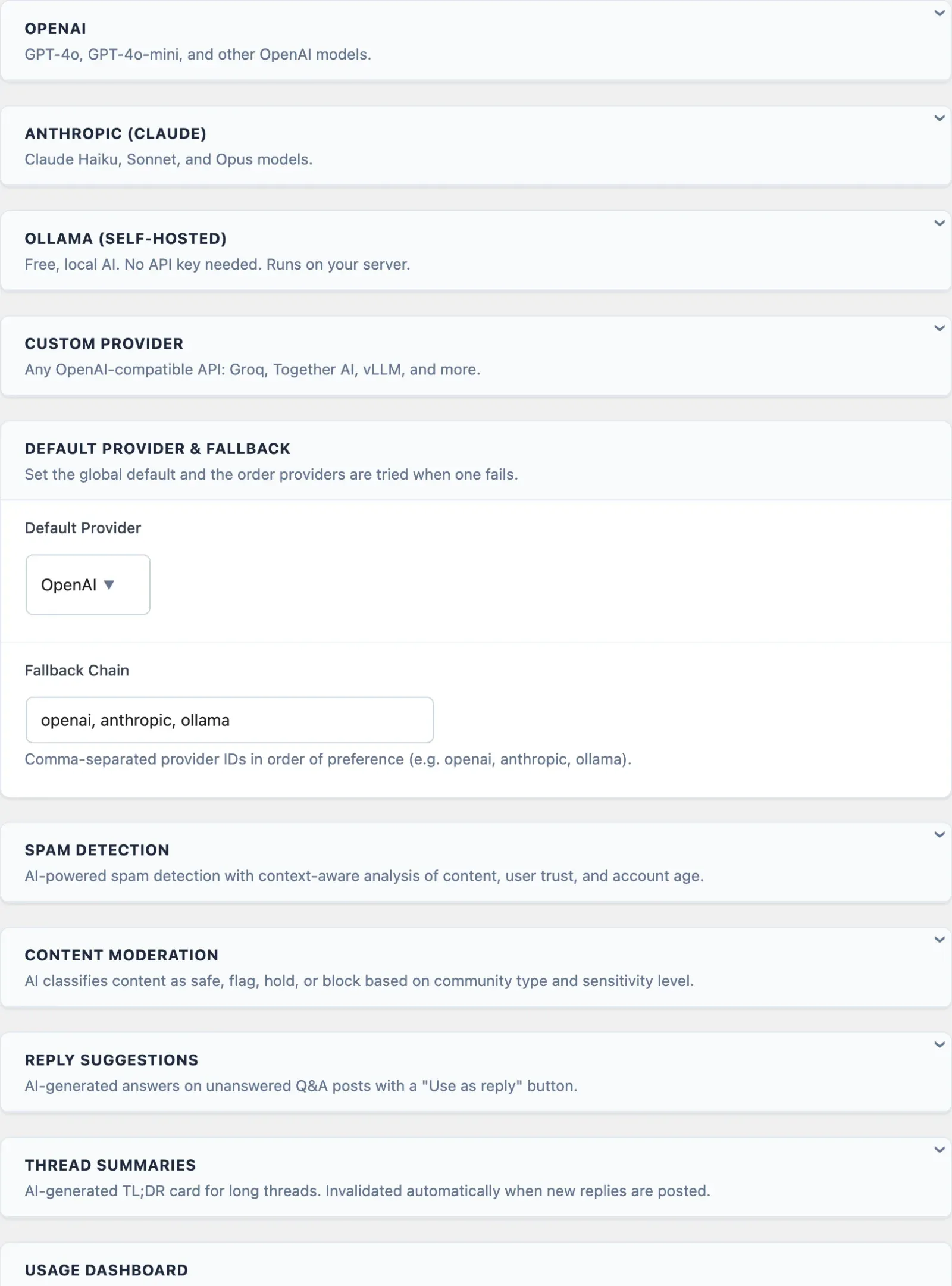 The AI Integration settings tab: provider activation (OpenAI, Anthropic, Ollama, Custom), the default-provider fallback chain, per-feature toggles for spam detection, content moderation, reply suggestions and thread summaries, the live usage dashboard, member usage limits, and the monthly spend cap