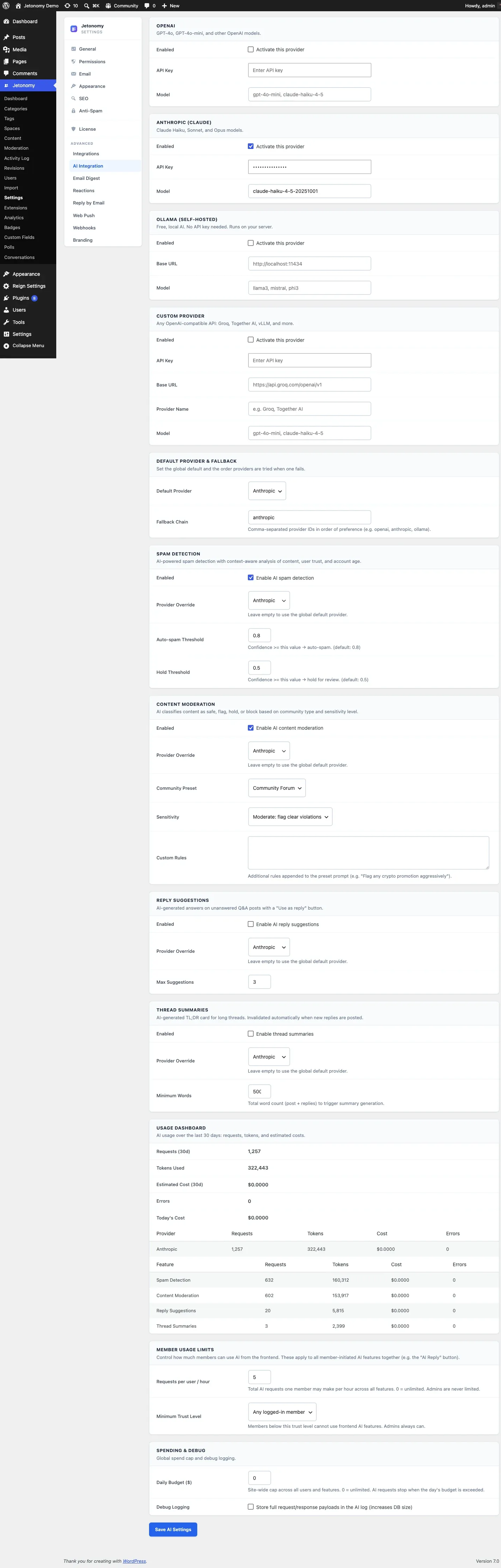 The AI Usage widget on the main Jetonomy admin dashboard, showing requests today and this month, token usage by feature, estimated spend by provider with the share of the monthly cap consumed, average response time, and error rate