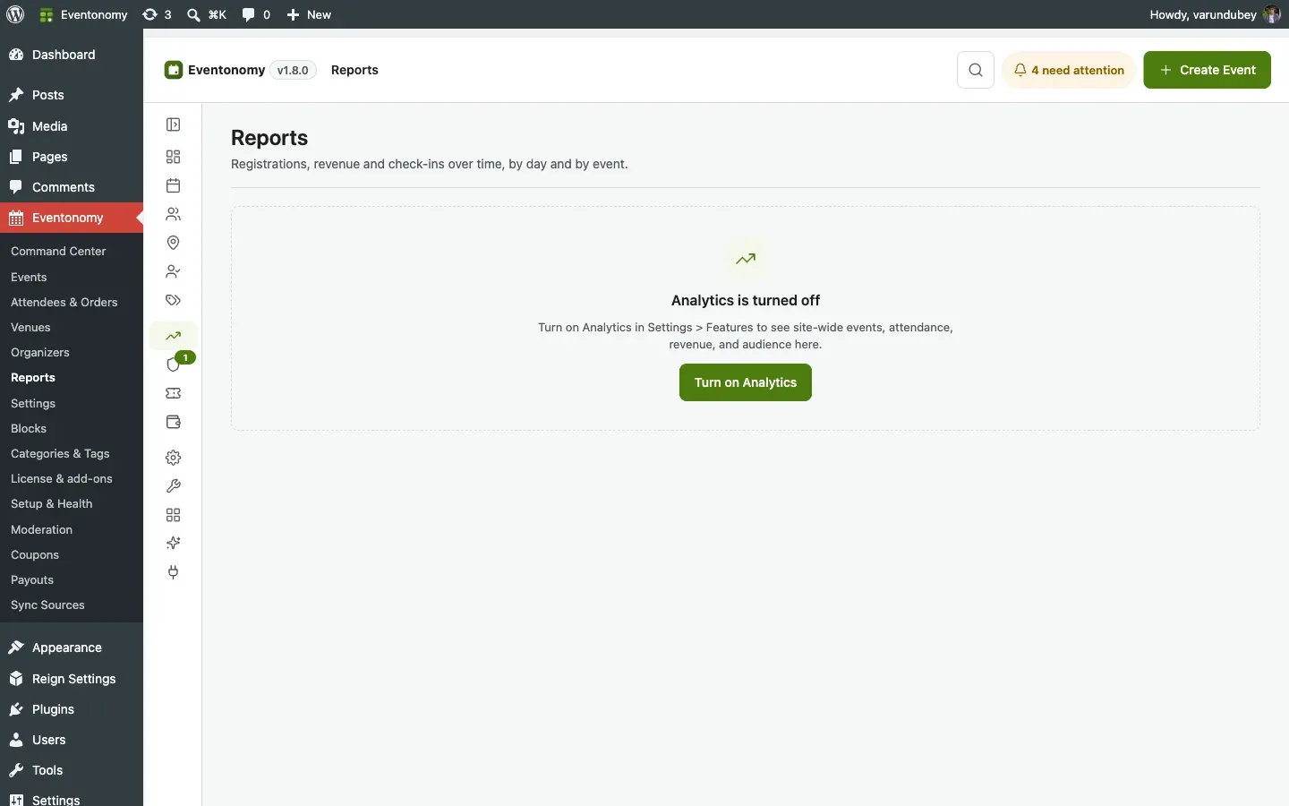 Organizer Analytics block showing event count and RSVPs, and the backend Reports KPI cards