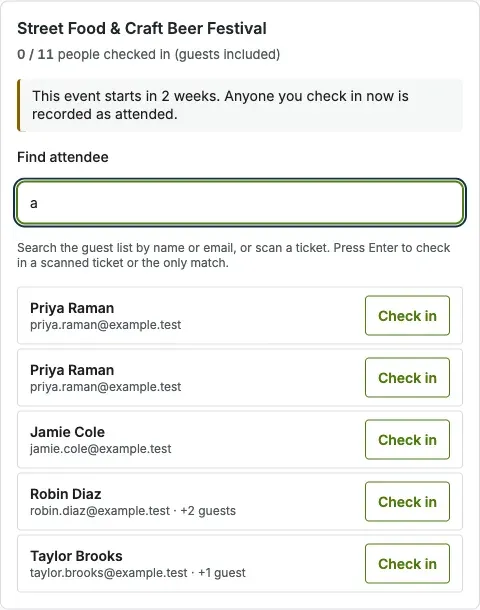 Check-in scanner with the Find attendee field, a Check in button, and guest-list matches with their own Check in buttons