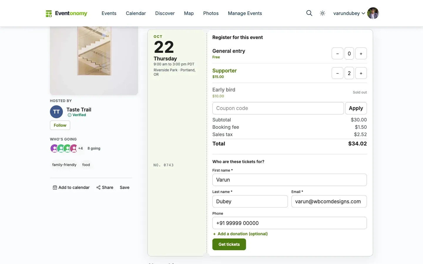 Checkout order summary showing ticket subtotal, booking fee, tax, and total