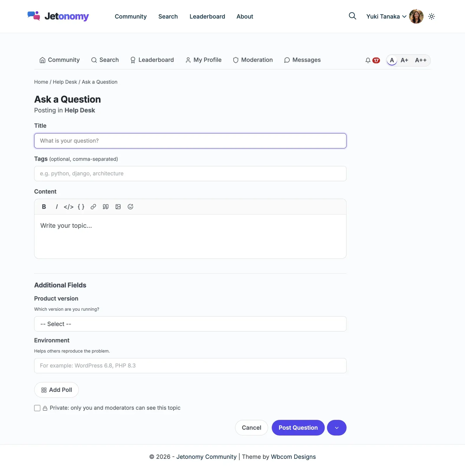 The new topic form with an Additional Fields section: a Product version select and an Environment text field