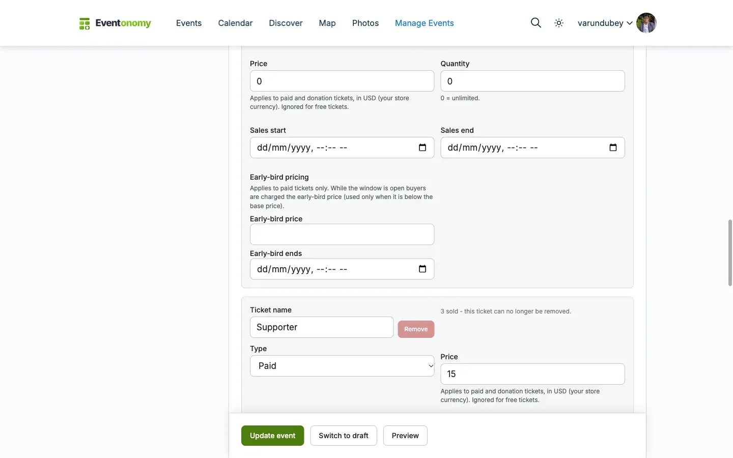 Event editor ticket row with the early-bird price and end date fields