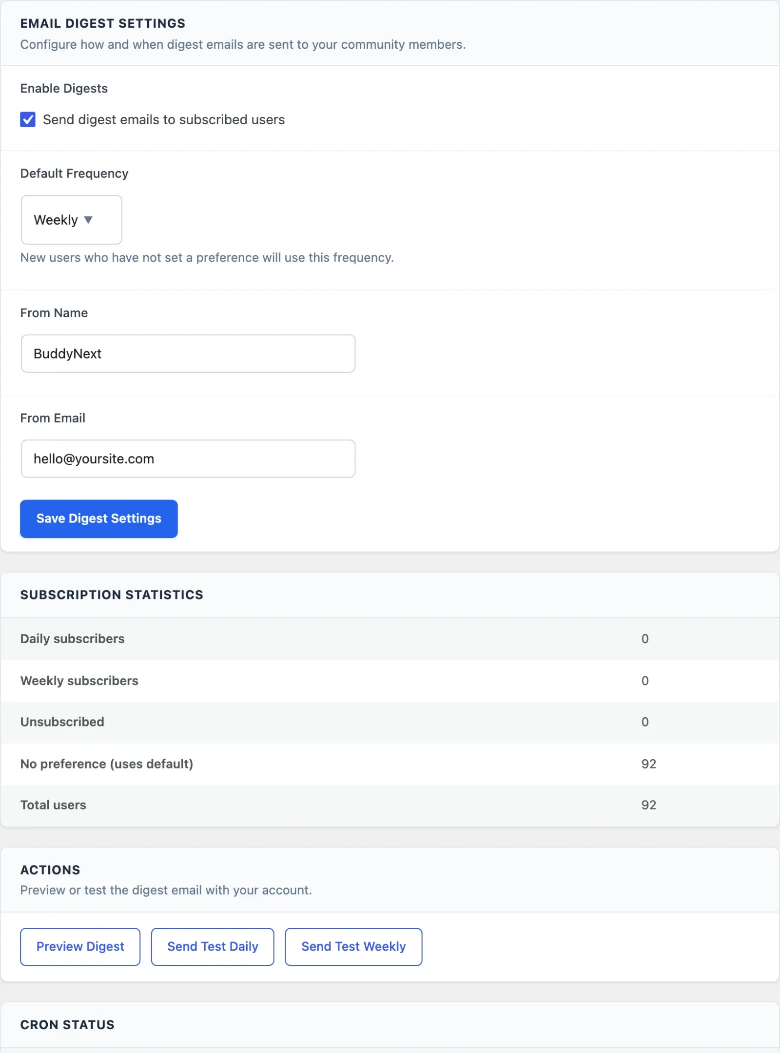 Email Digest settings with the enable switch, default frequency, sender name and address, and subscription statistics
