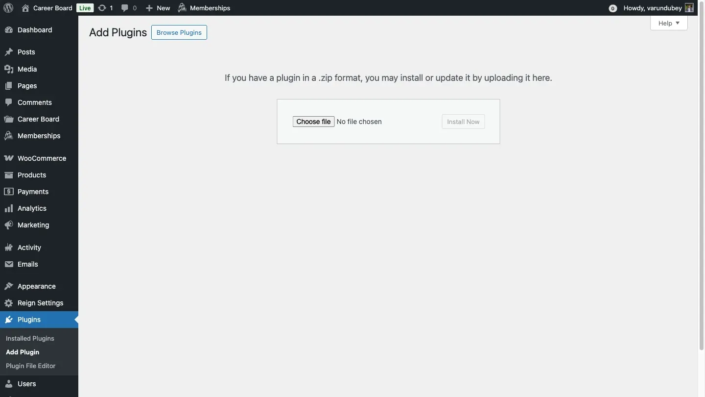 Upload Plugin screen in WordPress