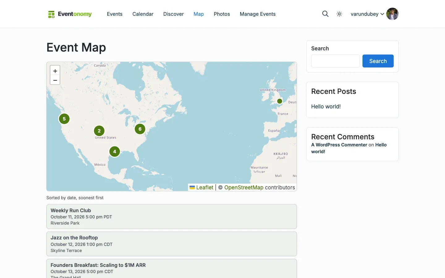 Event map view showing multiple event markers on a street map