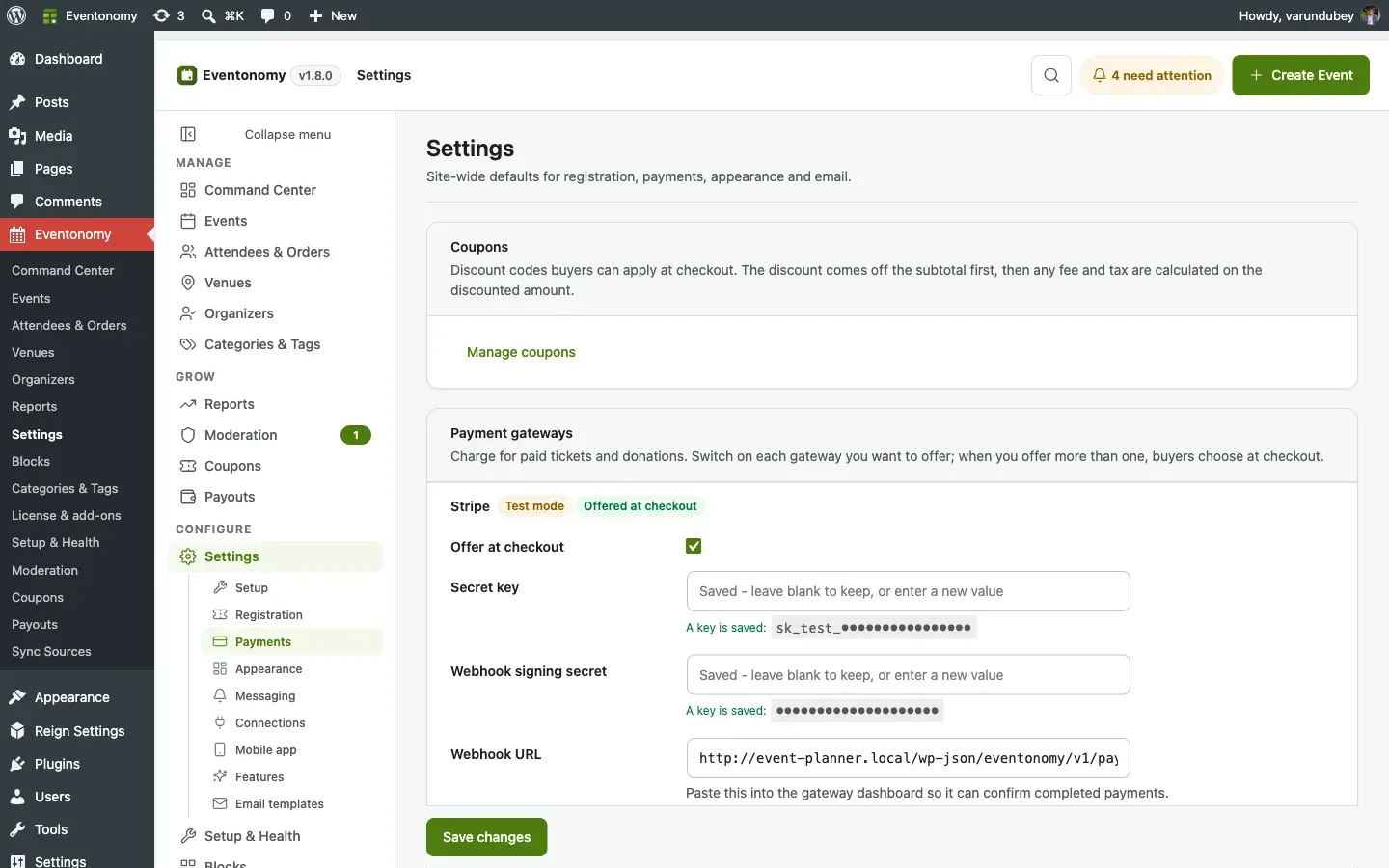 Payment gateway selector in Settings with Stripe selected and API key field visible