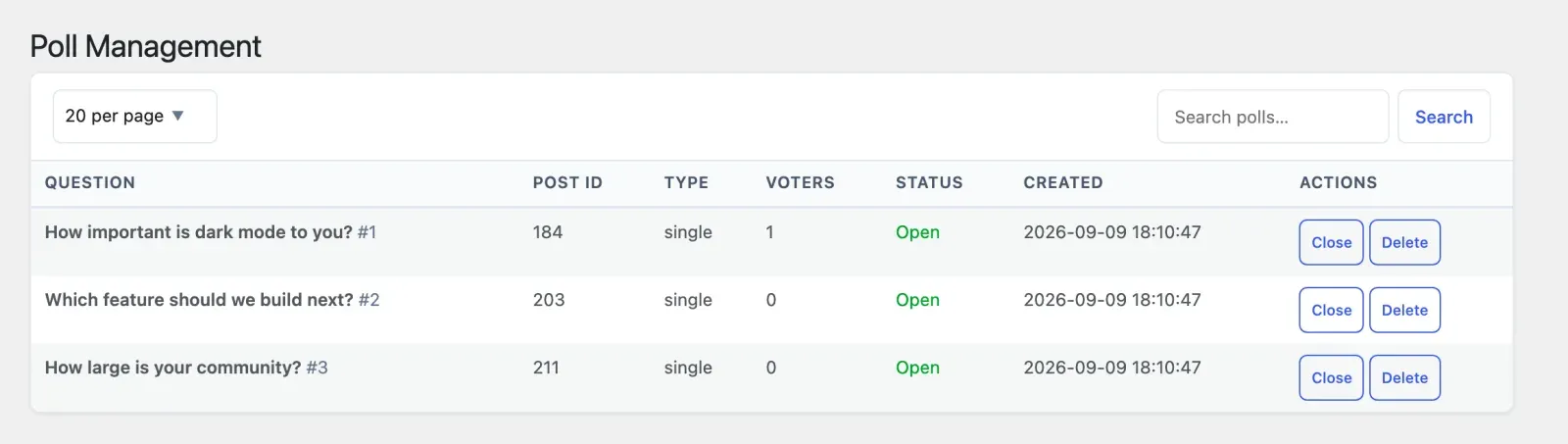 Poll Management screen listing each poll with its type, voters, status and actions