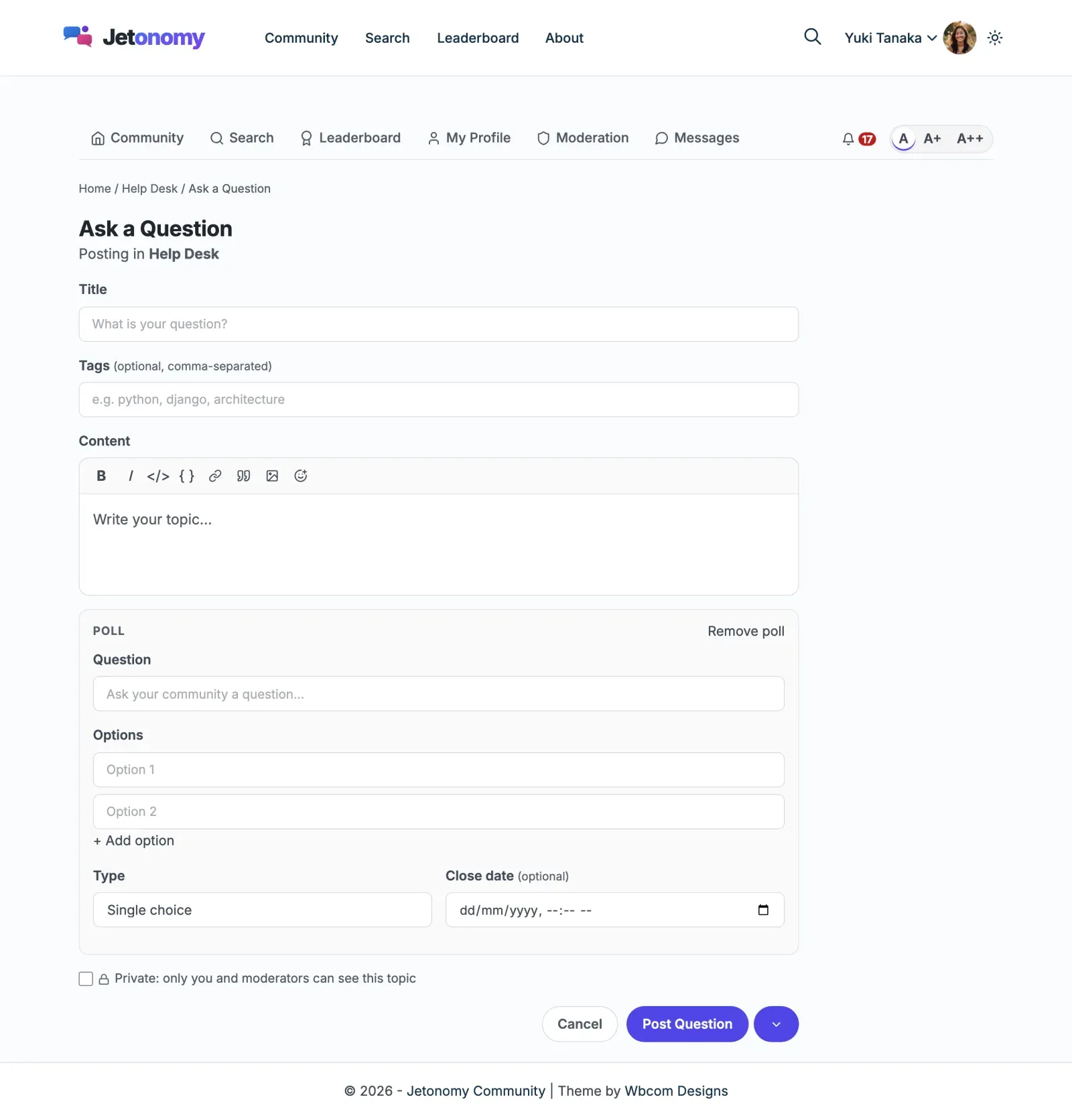 The poll builder open in the new topic form, with the question, options, single or multiple choice and an optional close date