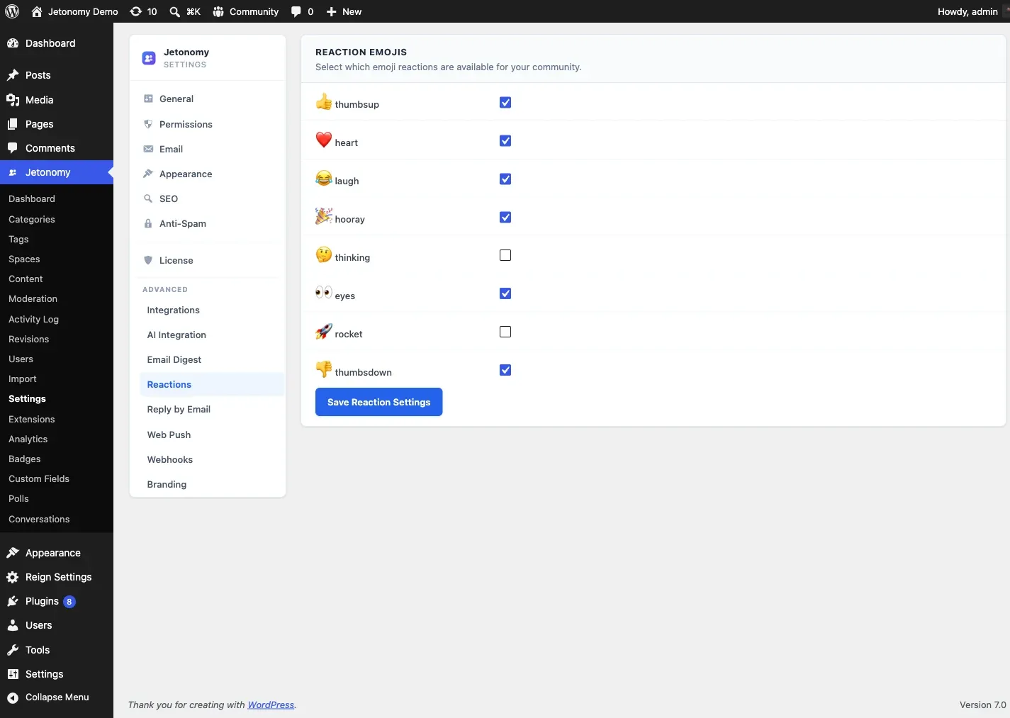 The Reactions tab inside a space’s settings panel, with a per-emoji on/off toggle for that space