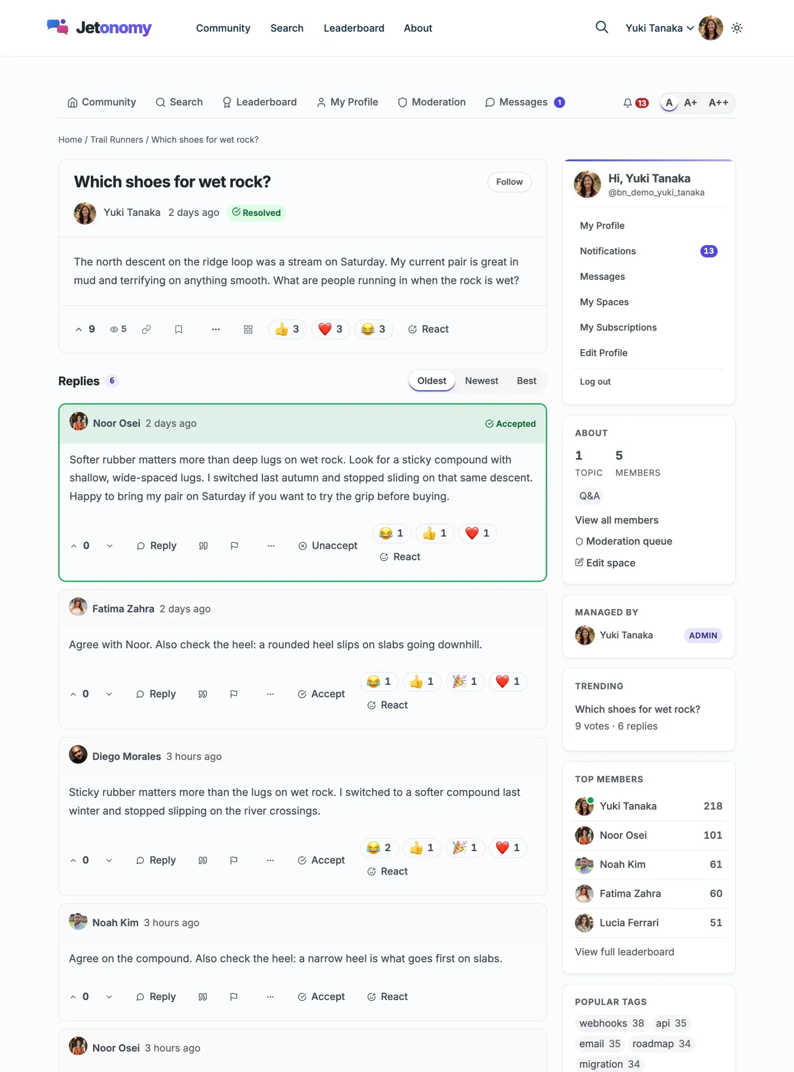 Reaction chips with counts under a topic and under each reply, next to the React button