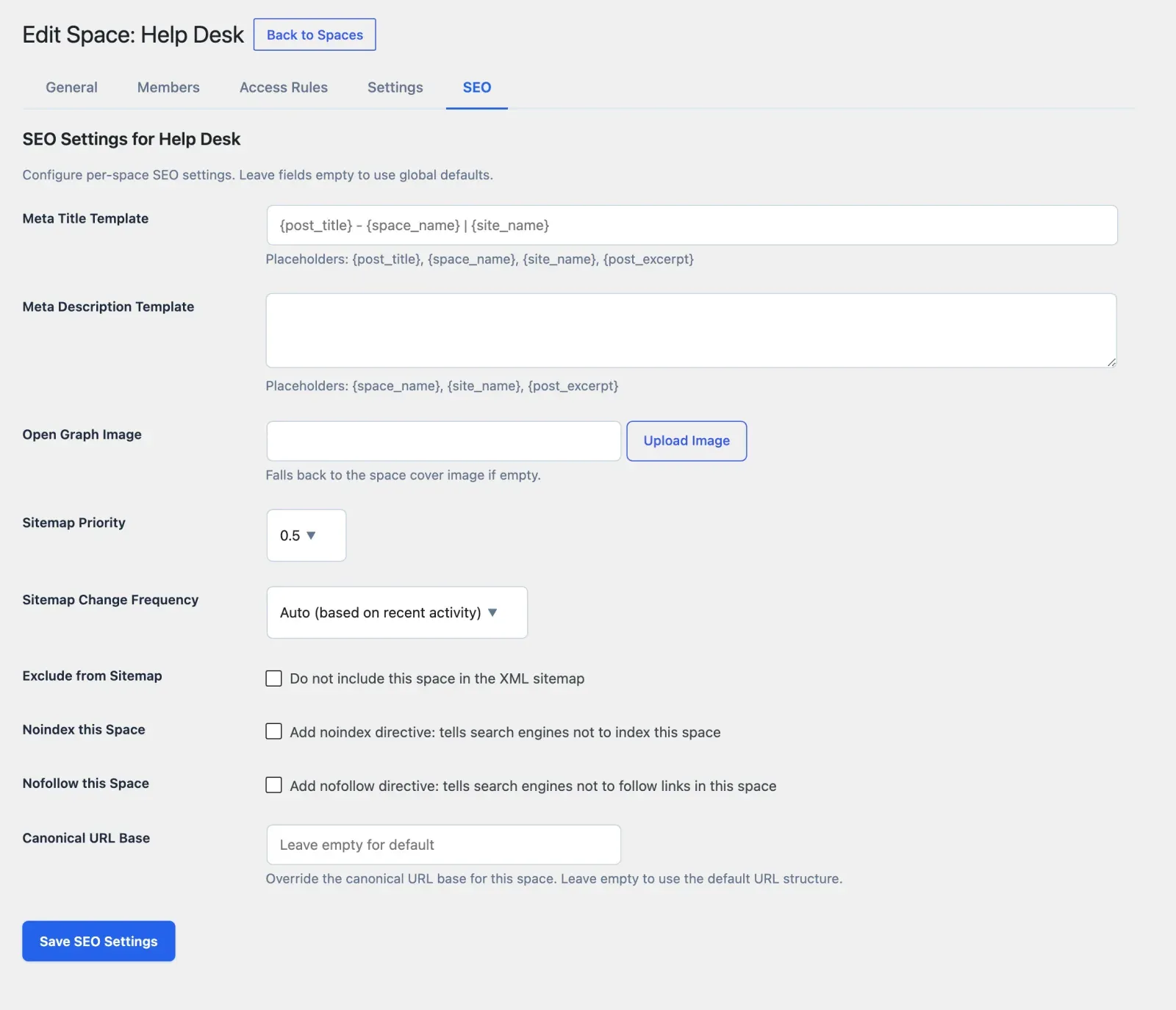 The SEO tab inside a space’s settings panel, showing the meta title, meta description, and Open Graph image fields