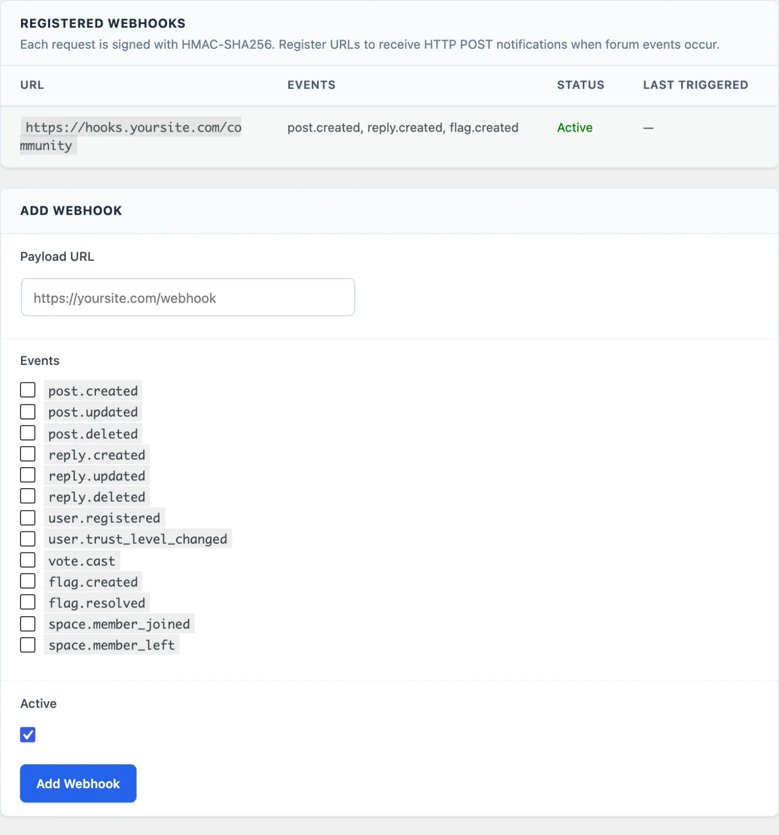 Webhooks settings with one registered webhook and its events, above the Add Webhook form