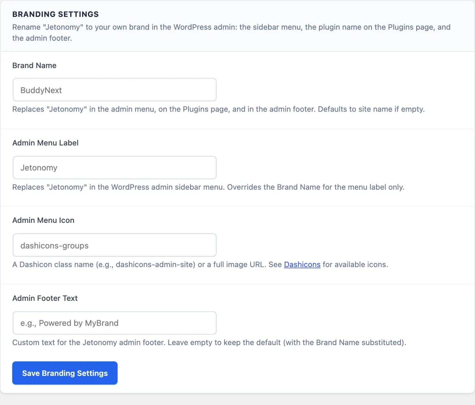 White Label branding settings panel