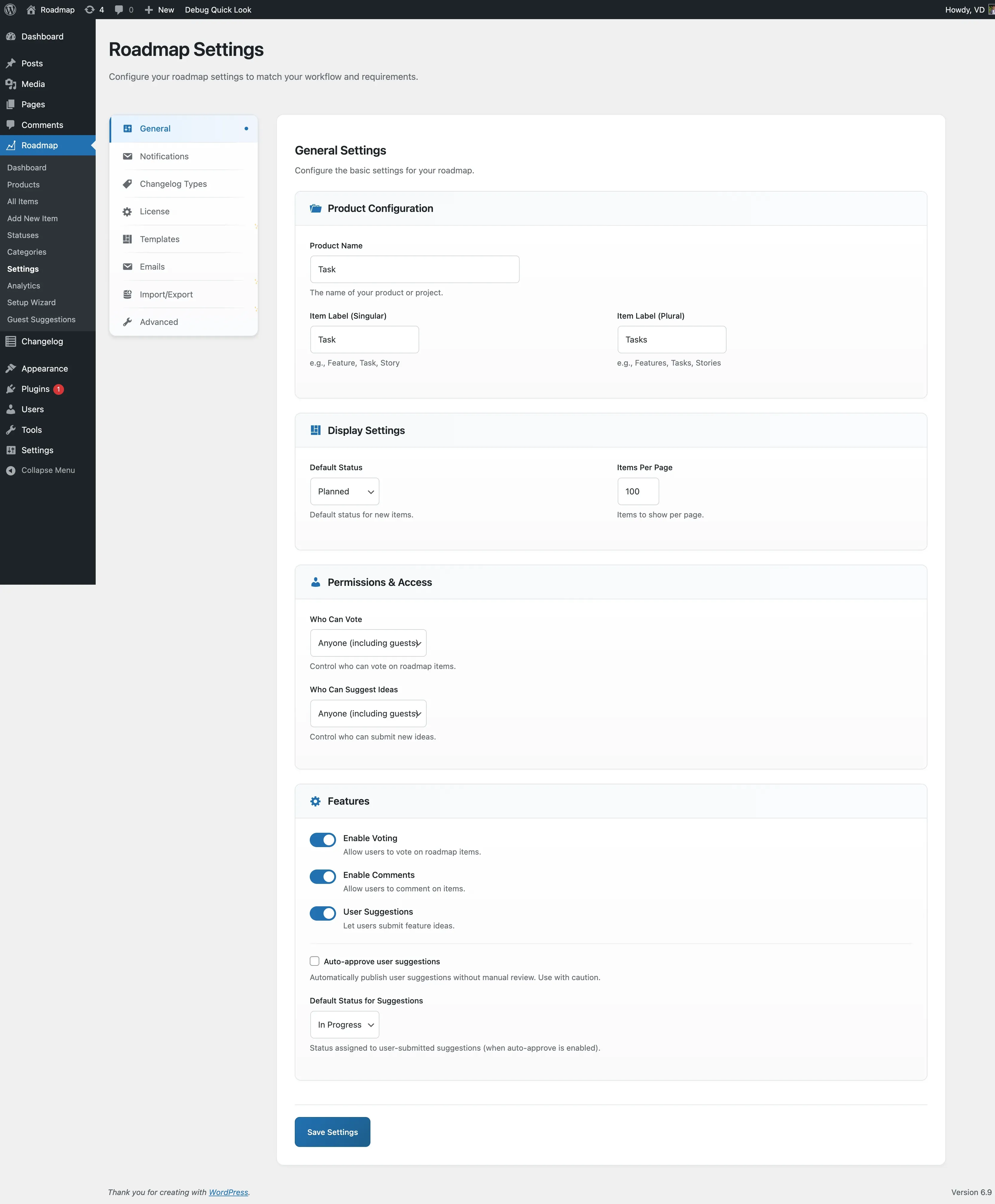 Settings Page