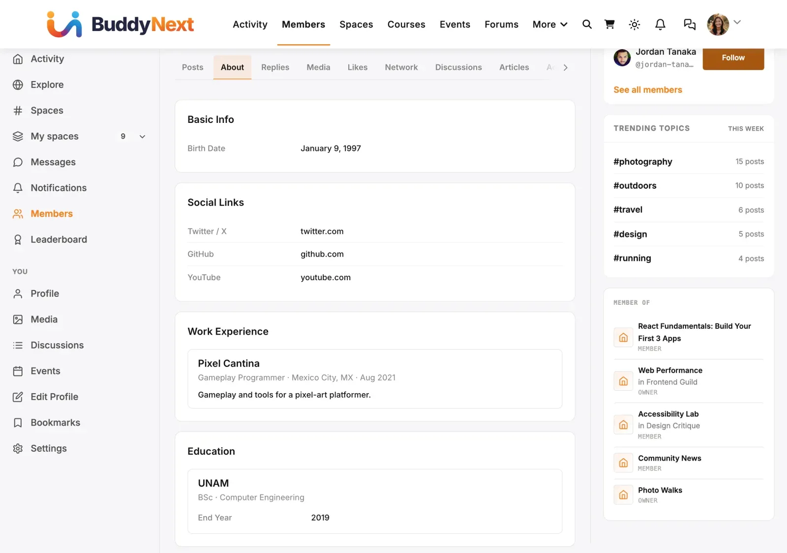 About tab on a member profile with basic info, social links, work experience and education