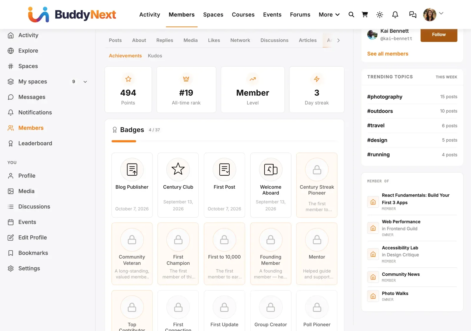 Achievements tab on a member profile with points, rank, level, streak and badges