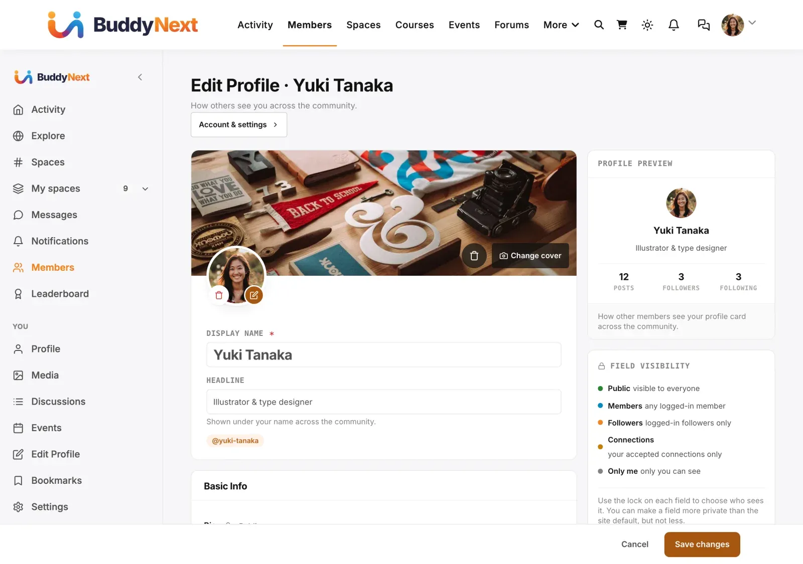 The Edit Profile form where members fill in profile fields like headline, bio, location and social links