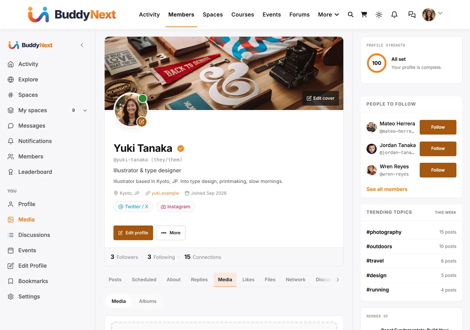 Media tab on a BuddyNext member profile