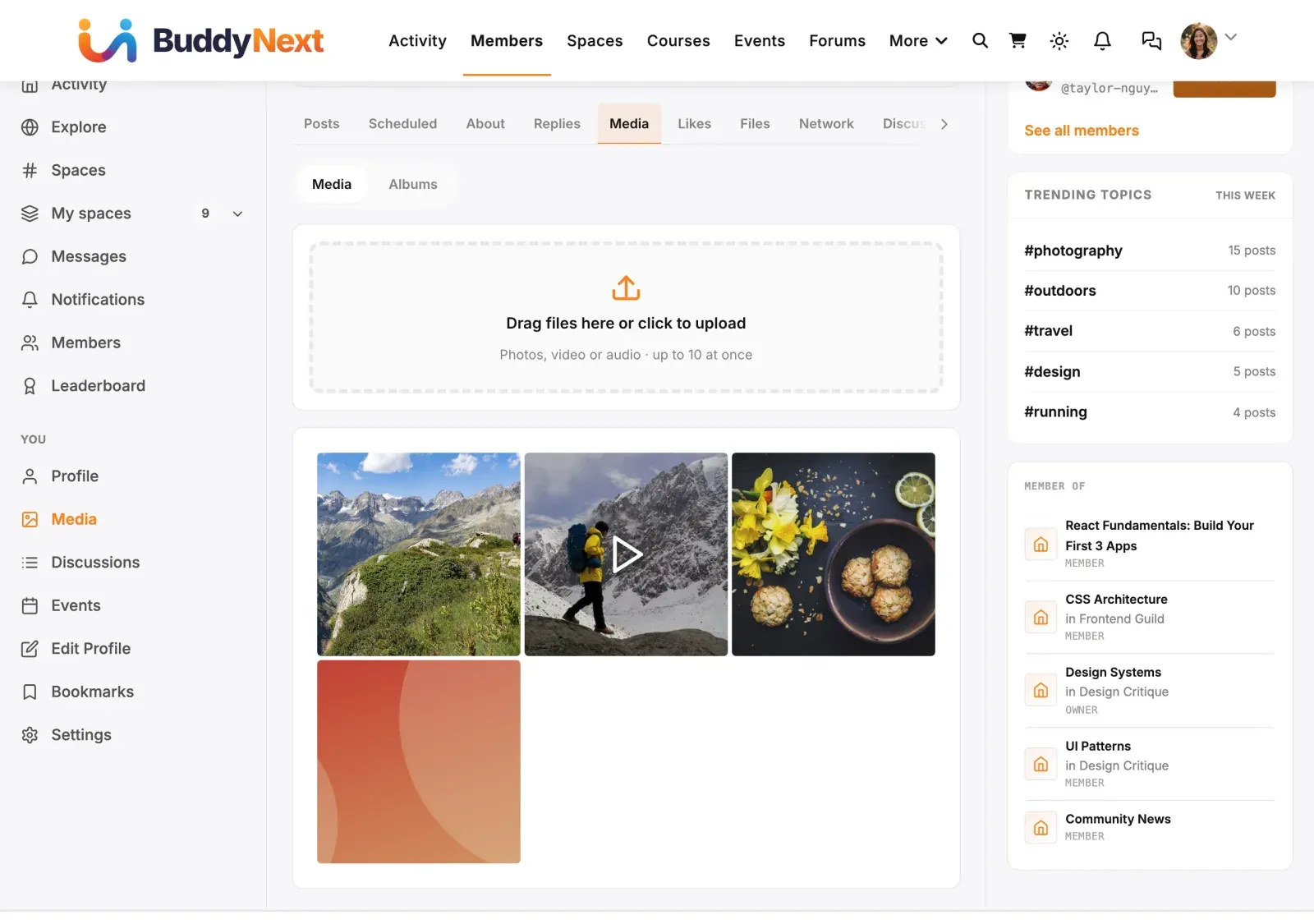 Media tab on a member profile with the upload area and the member’s photos and videos