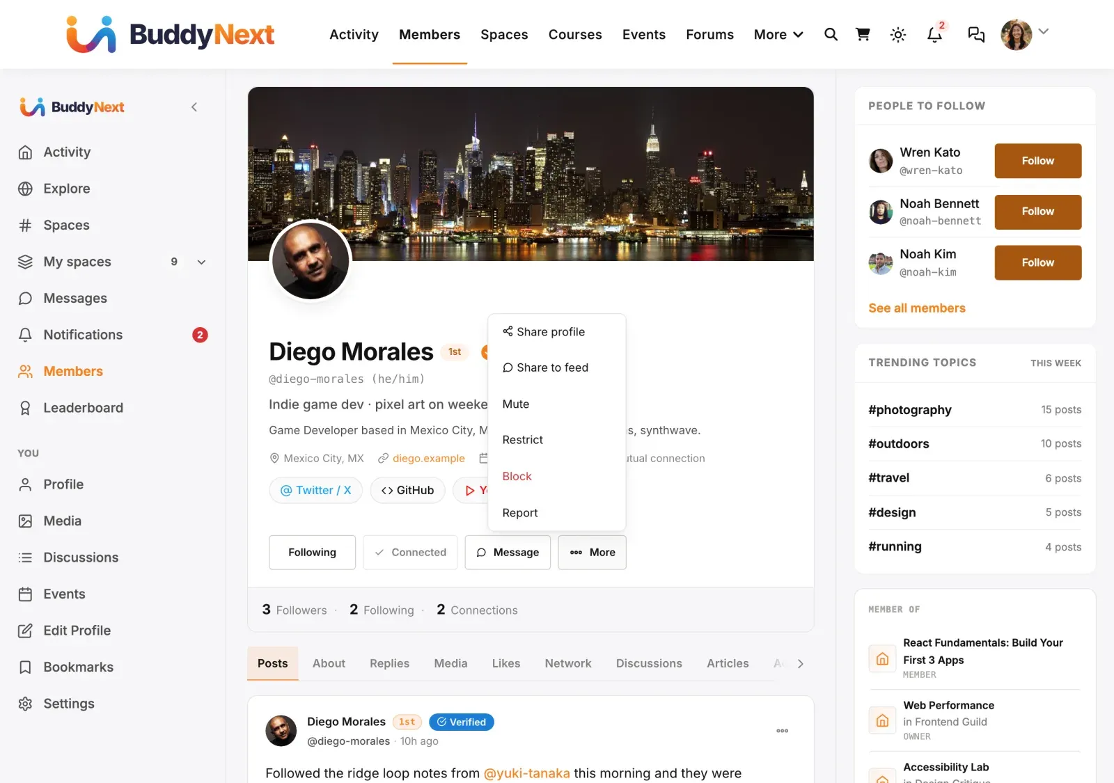 The More menu on a member profile, with Share profile, Share to feed, Mute, Restrict, Block and Report