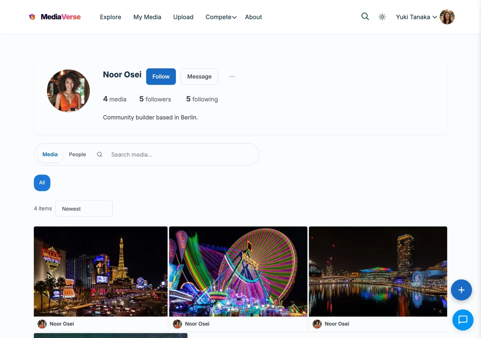 A member profile with Follow, Message and the more menu that holds Block and Report