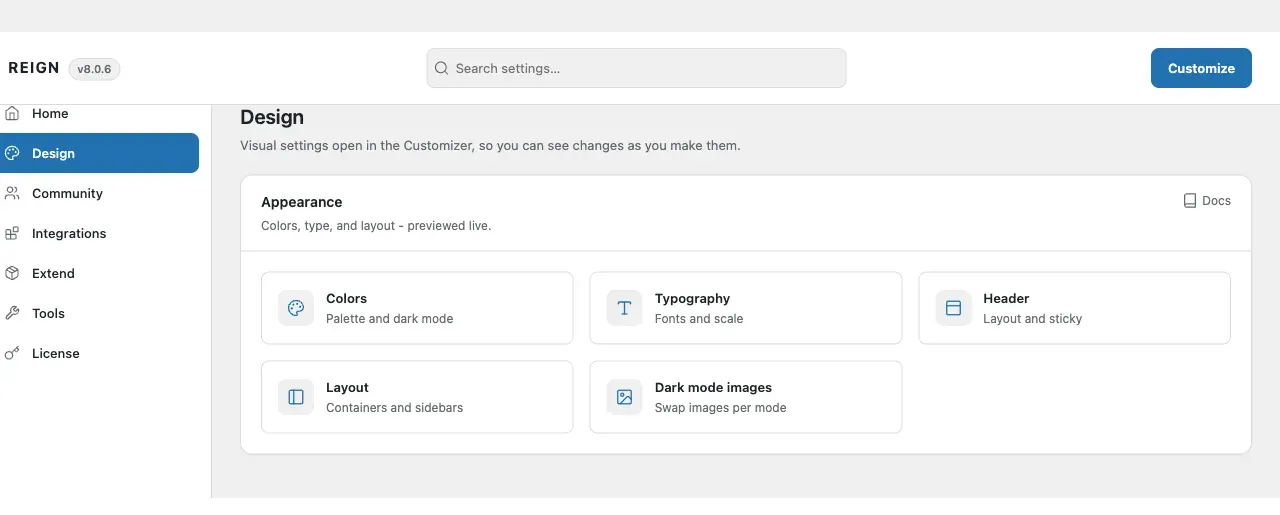 The Design screen, which links each visual area through to the Customizer