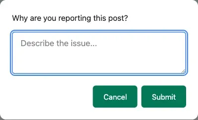 Member reporting a post: the Report button and the “Why are you reporting this post?” reason prompt