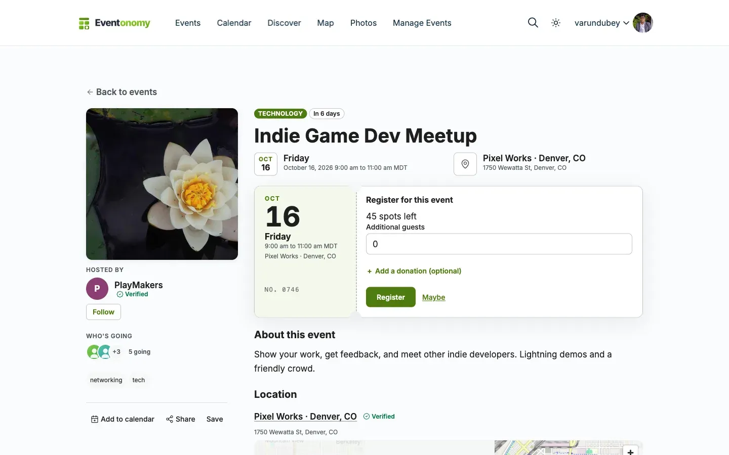 A single-event page with the registration ticket open: spots left, an additional-guests field, and the Register and Maybe buttons